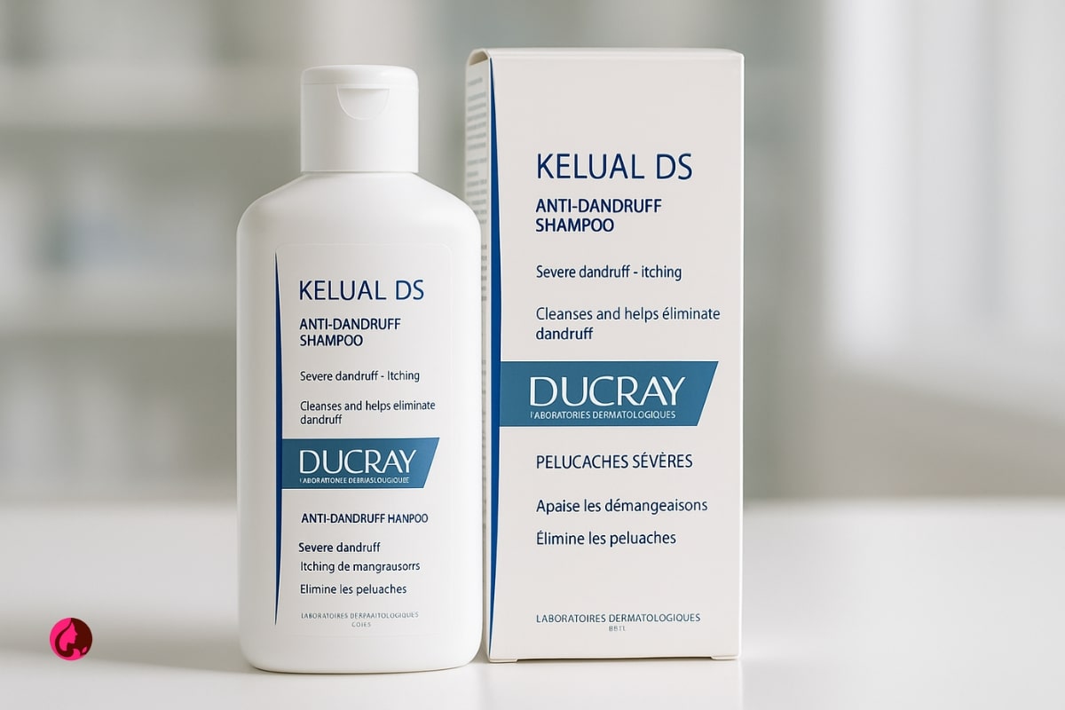 نمای نزدیک از شامپو ضد شوره دوکری مدل کلوال دی اس (Ducray Kelual DS Anti-Dandruff Shampoo) در کنار جعبه محصول روی پس‌زمینه سفید دارویی با نور طبیع