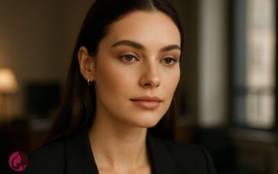 عکس ادیتوریال آرایش مناسب محیط کار با میکاپ نچرال و رسمی، پوست مات و تمیز، سایه خنثی و رژ نود در پس‌زمینه اداری