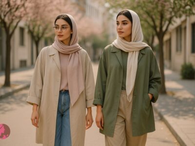 تصویر ادیتوریال مدرن از دو زن ایرانی با استایل بهاری ترند 1405 شامل مانتوی اورسایز بژ و زیتونی، شلوار گشاد، شال نود و استایل خیابانی 2026، در خیابان بهاری با نور ملایم