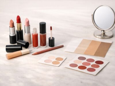 چیدمان ادیتوریال رژ لب‌ها و ابزارهای انتخاب رنگ روی میز آرایش مینیمال