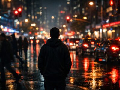 خیابان شلوغ شبانه با نورهای شهری و فردی تنها؛ نماد اضطراب و فشار روانی در زندگی مدرن شهری