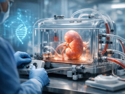 Organ perfusion machine preserving a human kidney in a modern transplant laboratory with glowing clinical lighting