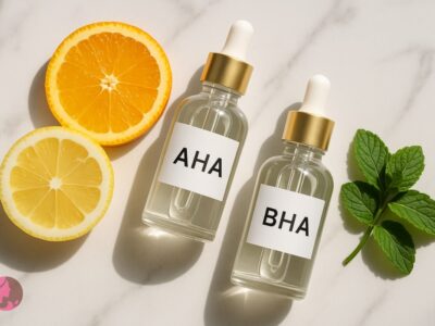 فلتلی حرفهای از محصولات AHA و BHA روی پسزمینه سنگ مرمر سفید همراه با عناصر اسیدی طبیعی