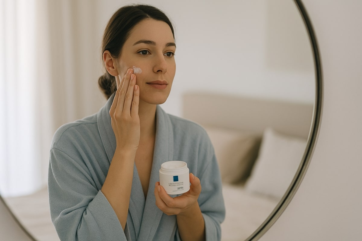 معرفی و نقد و بررسی برند لا روش پوزای (La Roche-Posay) 9 زن در حال استفاده از کرم لا روش پوزای مقابل آینه با نور طبیعی صبحگاهی، فضایی آرام و احساسی از اعتماد و مراقبت پوستی علمی