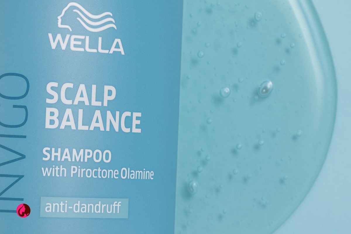 شامپو ضد شوره کنترل چربی پوست سر ولا مدل Wella Invigo Scalp Balance Anti-Dandruff 2 نمای نزدیک و افقی از برچسب و بافت شامپو ضد شوره ولا مدل Wella Invigo Scalp Balance با نمایش لوگو و ترکیب پیروکتون اولامین – تصویر جزئیات محصول برای مجله ردیکا