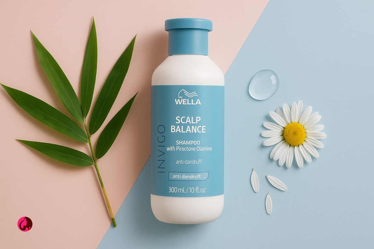 شامپو ضد شوره کنترل چربی پوست سر ولا مدل Wella Invigo Scalp Balance Anti-Dandruff 3 چیدمان افقی از شامپو ضد شوره ولا مدل Wella Invigo Scalp Balance در کنار برگ بامبو، گل بابونه و قطره پانتنول روی پسزمینه پاستلی رز و آبی – تصویر ترکیبات کلیدی برای مجله ردیکا