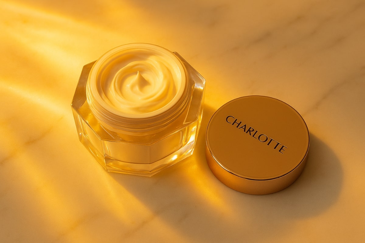 معرفی، نقد و بررسی برند شارلوت تیلبری (Charlotte Tilbury) 2 نمای نزدیک از کرم جادویی شارلوت تیلبری با درب باز و بافت کرمی درخشان روی سطح مرمر سفید با نور طلایی طبیعی