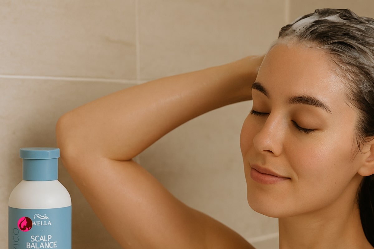 شامپو ضد شوره کنترل چربی پوست سر ولا مدل Wella Invigo Scalp Balance Anti-Dandruff 4 نمای افقی از زنی در حال شستوشوی مو با شامپو ضد شوره ولا مدل Wella Invigo Scalp Balance در فضای روشن و طبیعی حمام – نمایش عملکرد شامپو روی پوست سر