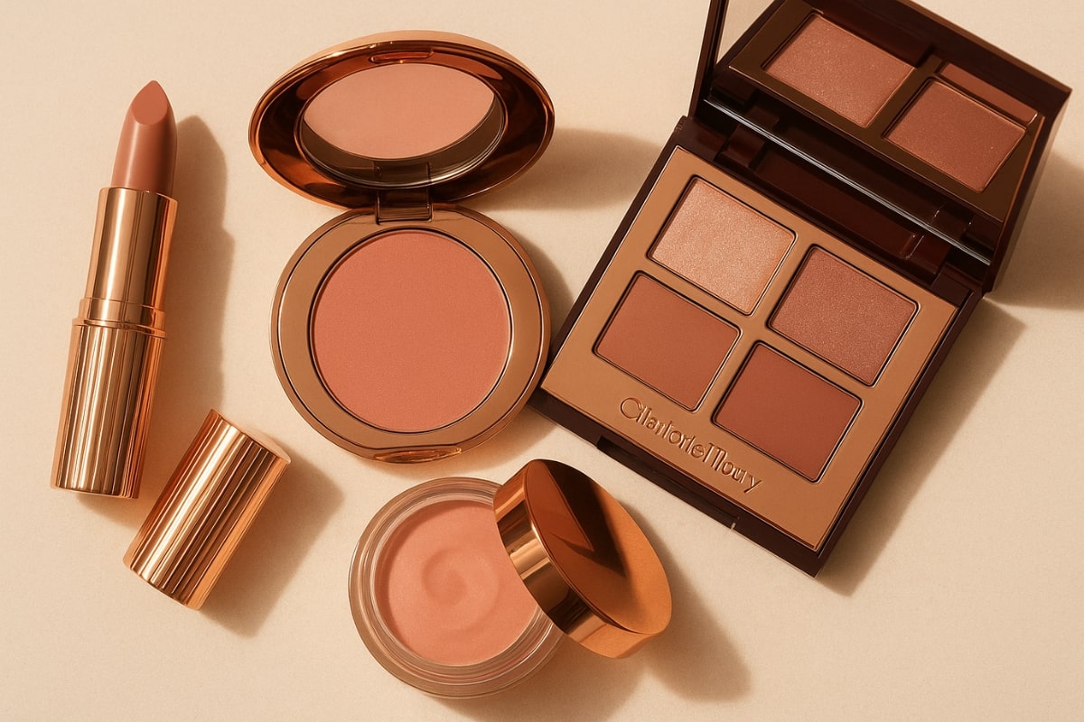 معرفی، نقد و بررسی برند شارلوت تیلبری (Charlotte Tilbury) 4 مجموعه آرایشی پیلوتاک شارلوت تیلبری شامل رژ لب، رژگونه و پالت سایه در تناژ نود صورتی با جزئیات رزگلد لوکس