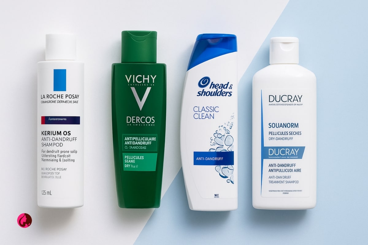 مقایسه بصری شامپو Kerium DS لا روش پوزای با شامپوهای ضد شوره فرانسوی مانند Vichy Dercos و Ducray DS روی زمینه سفید آبی – نمایش طراحی علمی و بسته‌بندی برتر
