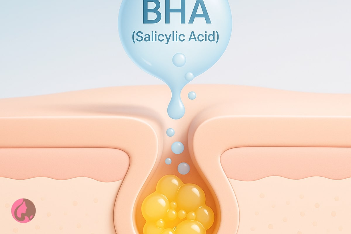 AHA و BHA چیست؟ تفاوت، کاربرد، روش استفاده و بهترین انتخاب بر اساس نوع پوست 3 تصویر علمی سهبعدی از عملکرد BHA و حلکردن چربی داخل منافذ پوست در سبک درماتولوژی مدرن