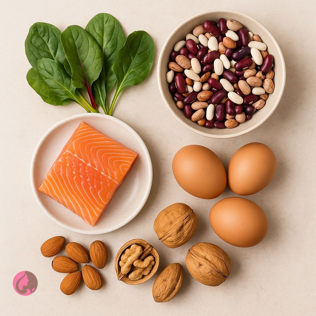 چیدمان مواد غذایی سرشار از ویتامین B3 شامل سالمون، تخم‌مرغ، مغزها و حبوبات