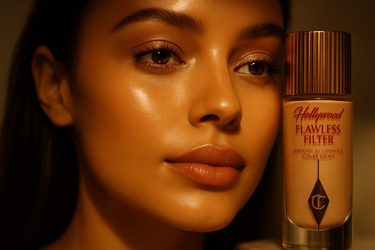 معرفی، نقد و بررسی برند شارلوت تیلبری (Charlotte Tilbury) 3 نمای کلوزآپ از پوست درخشان مدل با استفاده از فیلتر هالیوودی شارلوت تیلبری و نور سینمایی طلایی برای جلوه طبیعی