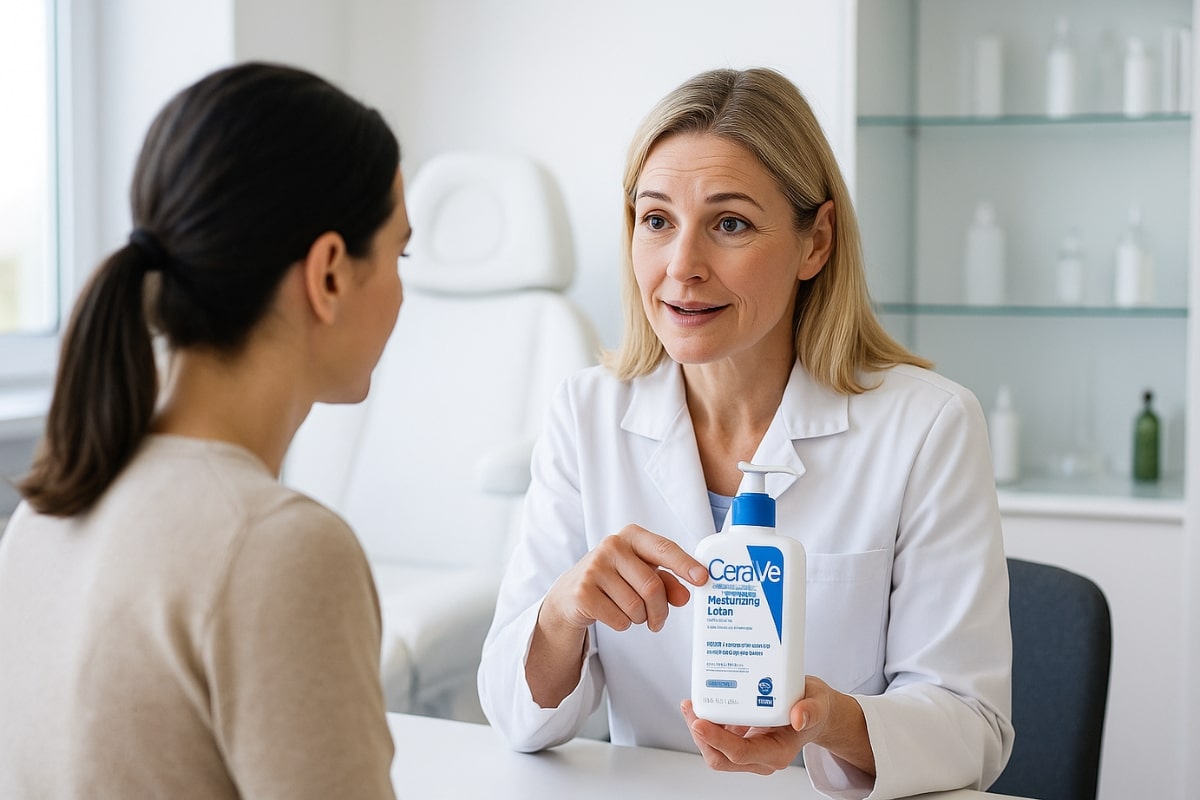 پزشک پوست زن در مطب مدرن در حال معرفی محصول CeraVe به بیمار؛ فضای علمی، اعتمادبخش و نشان‌دهنده اعتبار پزشکی برند.