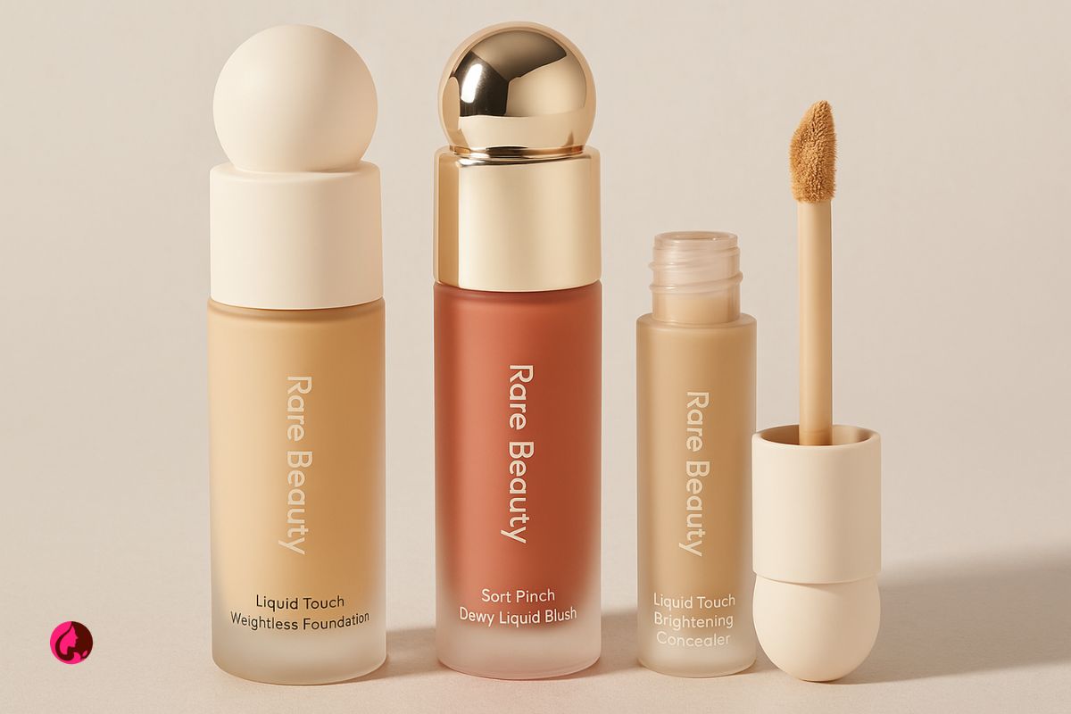 نمای نزدیک از محصولات محبوب Rare Beauty شامل رژگونه Soft Pinch، فاندیشن Liquid Touch و کانسیلر Brightening Concealer