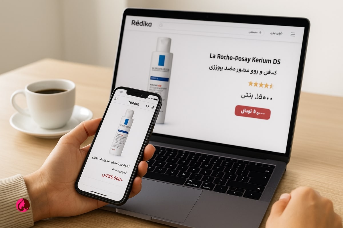 تصویر لایف‌استایل از فردی در حال خرید اینترنتی شامپو Kerium DS لا روش پوزای از فروشگاه ردیکا روی لپ‌تاپ و موبایل – نمایش تجربه کاربری خرید آنلاین