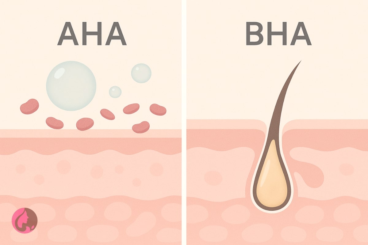 AHA و BHA چیست؟ تفاوت، کاربرد، روش استفاده و بهترین انتخاب بر اساس نوع پوست 4 اینفوگرافی مقایسهای AHA و BHA که تفاوت لایهبرداری سطحی و پاکسازی منافذ را بهصورت تصویری نشان میدهد