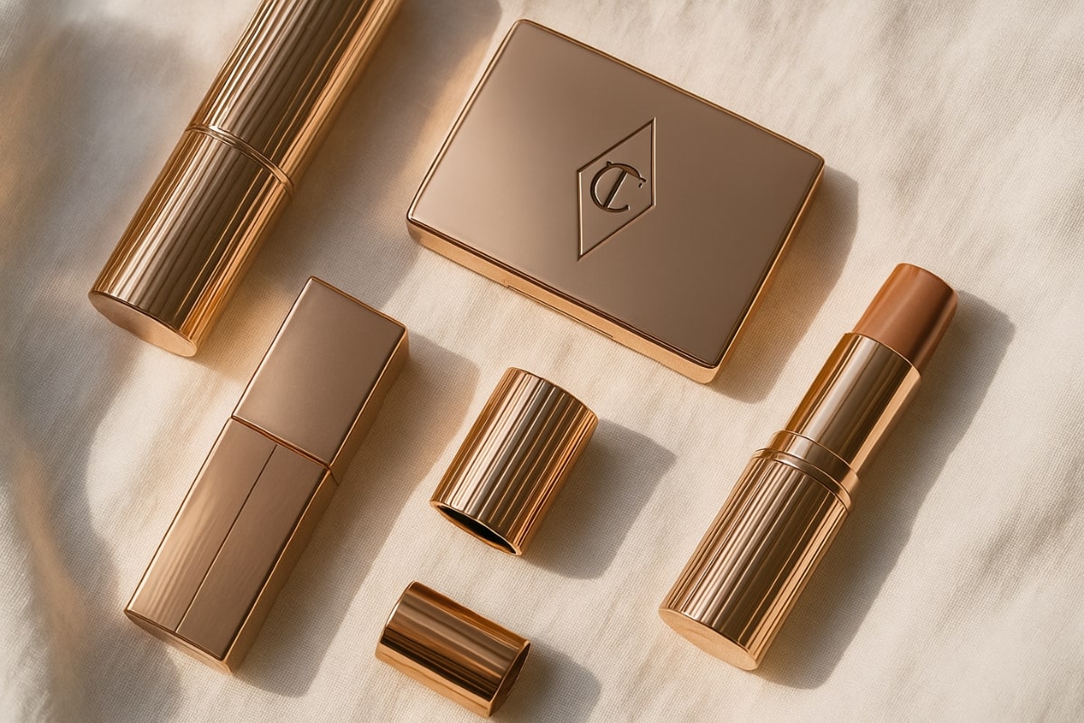 معرفی، نقد و بررسی برند شارلوت تیلبری (Charlotte Tilbury) 5 فلتلی از بستهبندی رزگلد محصولات شارلوت تیلبری روی پارچه سفید با نور طبیعی و طراحی مینیمال و ظریف