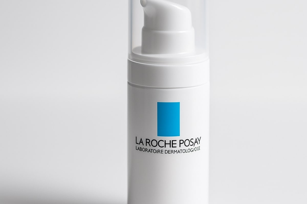 معرفی و نقد و بررسی برند لا روش پوزای (La Roche-Posay) 5 نمای نزدیک از بطری پمپدار بدون هوا با طراحی مینیمال و استریل برند لا روش پوزای، نماد بستهبندی کلینیکی و مدرن محصولات درماتولوژیک