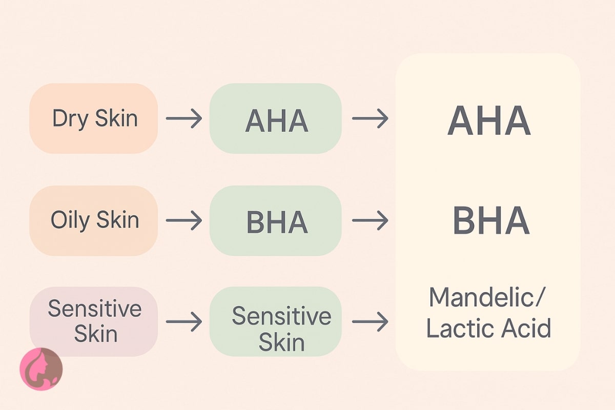 AHA و BHA چیست؟ تفاوت، کاربرد، روش استفاده و بهترین انتخاب بر اساس نوع پوست 5 اینفوگرافی انتخاب اسید مناسب بر پایه نوع پوست شامل AHA برای پوست خشک و BHA برای پوست چرب