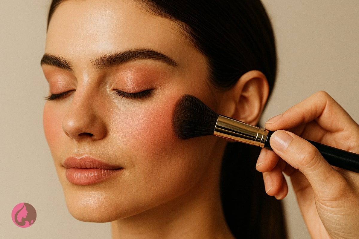 زدن رژگونه طبیعی با براش پف‌دار روی گونه مدل در نور نرم و آرایش نچرال