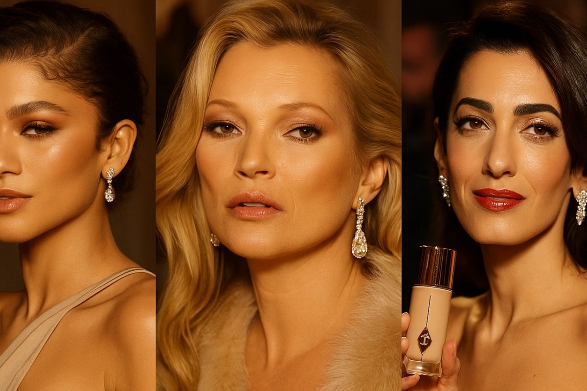 معرفی، نقد و بررسی برند شارلوت تیلبری (Charlotte Tilbury) 6 کلاژ افقی از سلبریتیهای مشهور مانند Zendaya، Kate Moss و Amal Clooney با آرایش شارلوت تیلبری در فرش قرمز