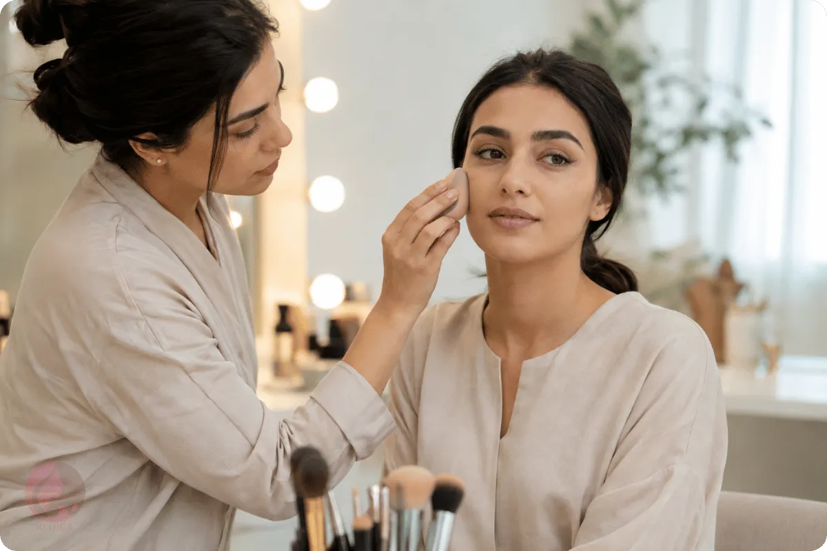 میکاپ ضدتعریق؛ راهنمای جلوگیری از ماسیدن آرایش در گرما 5 اجرای لایه نازک کرمپودر با اسفنج برای آرایش ماندگار