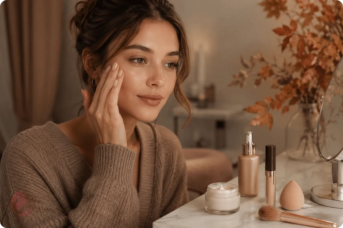 Fall 2026 Makeup Trends: Expert Guide to Lips, Eyes, and Skin 2 Preparing skin for fall makeup with moisturizer, light foundation, and natural semi-matte skin
