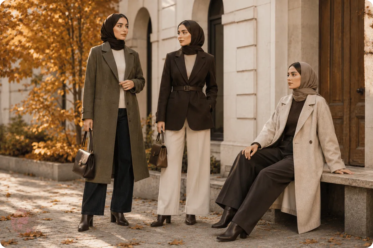 مدل مانتو و کت پاییز ۱۴۰۵؛ راهنمای پارچه، فرم، رنگ و ست ایرانی 2 مقایسه کت کمردار قهوهای و مانتوی بلند کرم برای استایل پاییزی زنانه