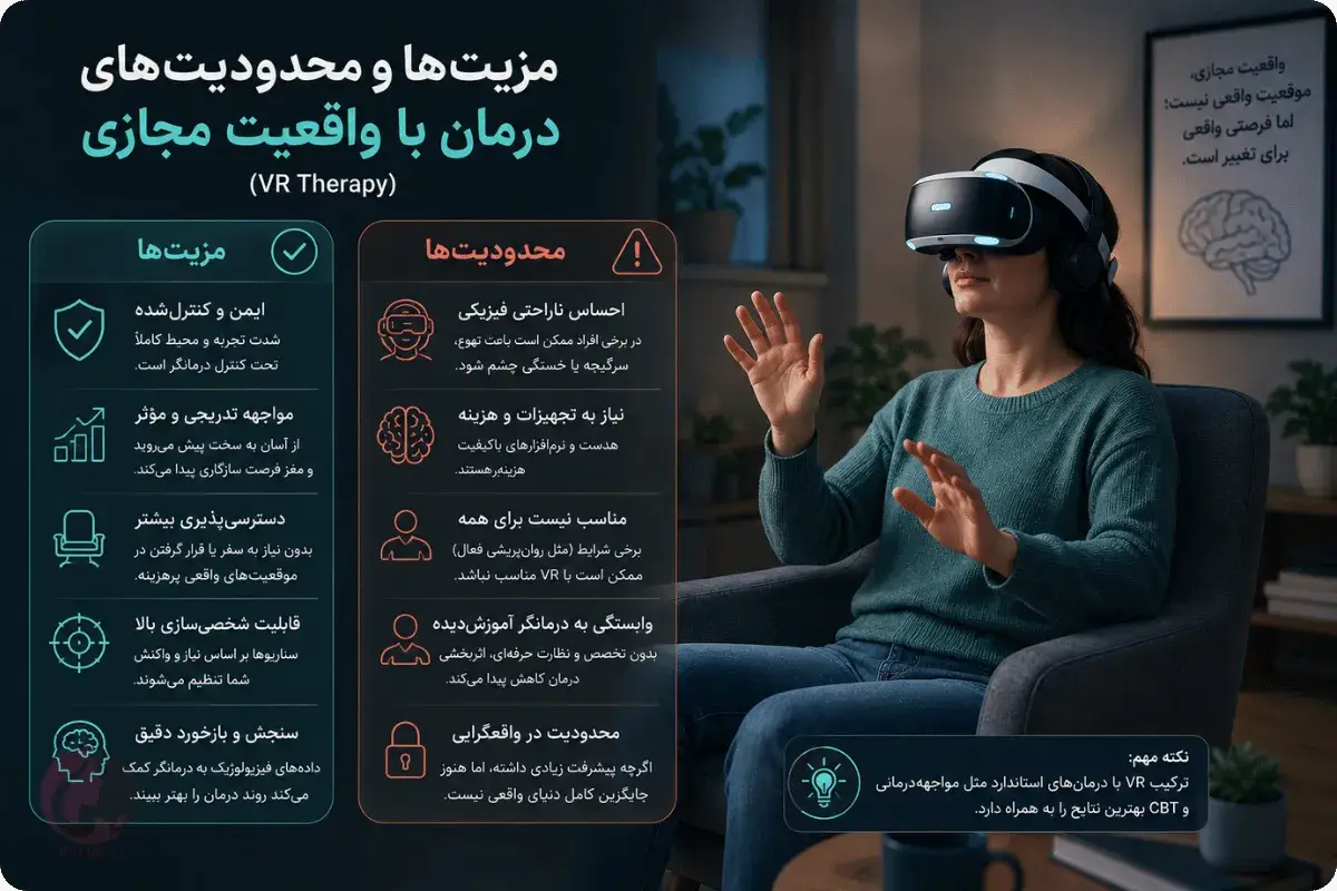 واقعیت مجازی درمانی (VR Therapy): گم کردن ترسها در دنیای شبیهسازیشده 5 مقایسه مزایا و محدودیتهای درمان با واقعیت مجازی برای اضطراب و فوبیا