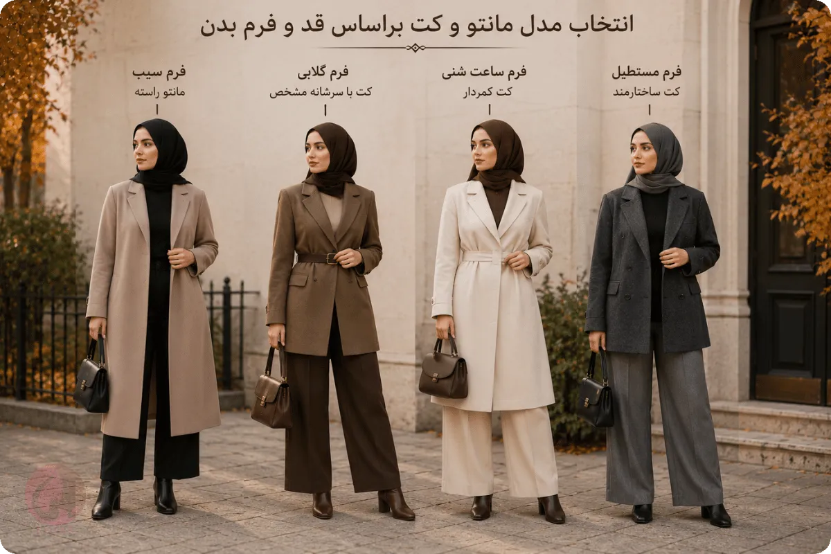 مدل مانتو و کت پاییز ۱۴۰۵؛ راهنمای پارچه، فرم، رنگ و ست ایرانی 4 انتخاب مدل مانتو و کت مناسب فرمهای بدن سیب، گلابی، ساعتشنی و مستطیل