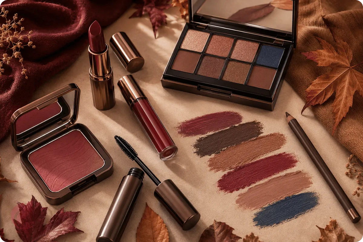 Fall 2026 Makeup Trends: Expert Guide to Lips, Eyes, and Skin 1 The Autumn 1405 makeup color palette includes crimson lipstick, brown and blue eyeshadow, and cranberry blush