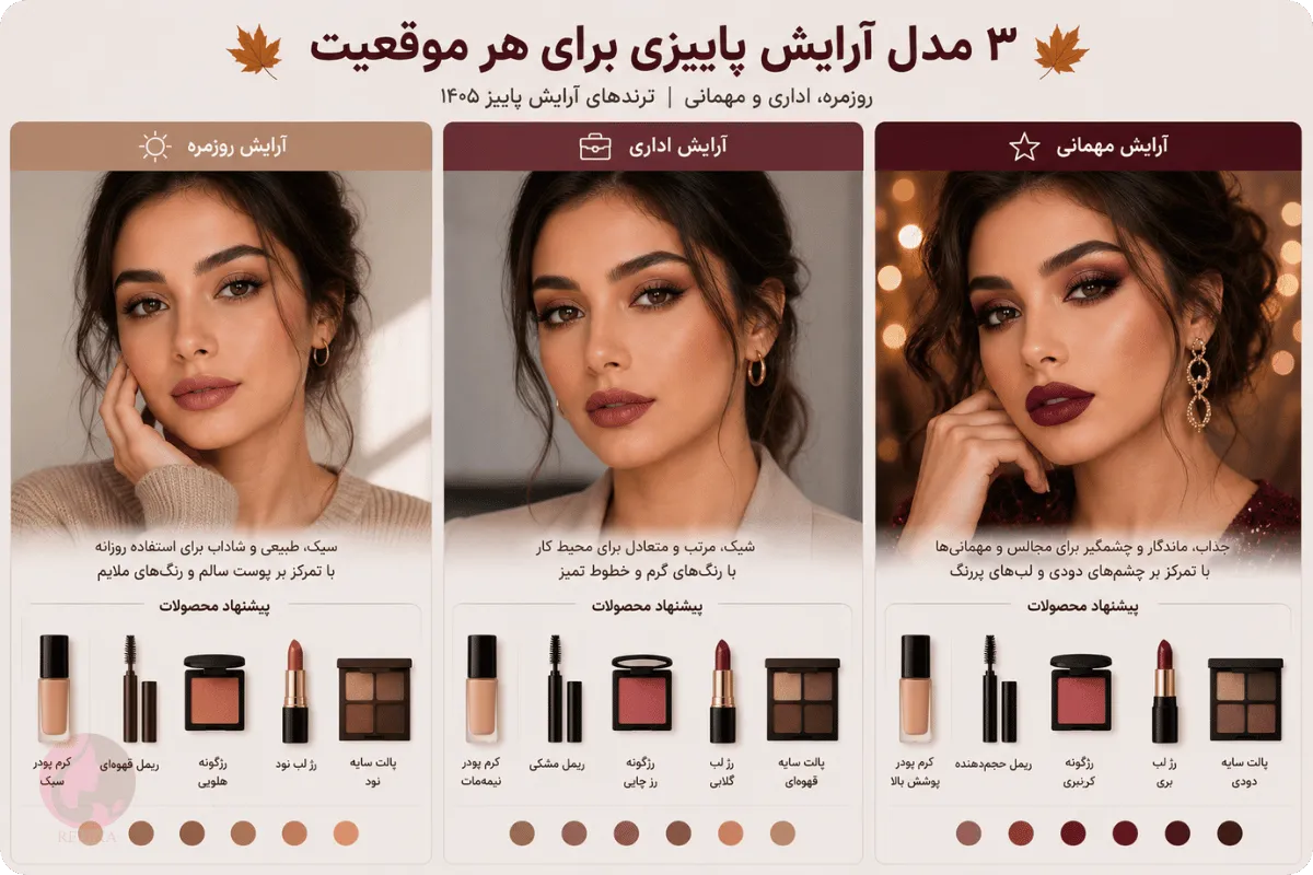 Fall 2026 Makeup Trends: Expert Guide to Lips, Eyes, and Skin 7 Comparing everyday, office, and party autumn makeup with warm colors and autumn 1405 trends