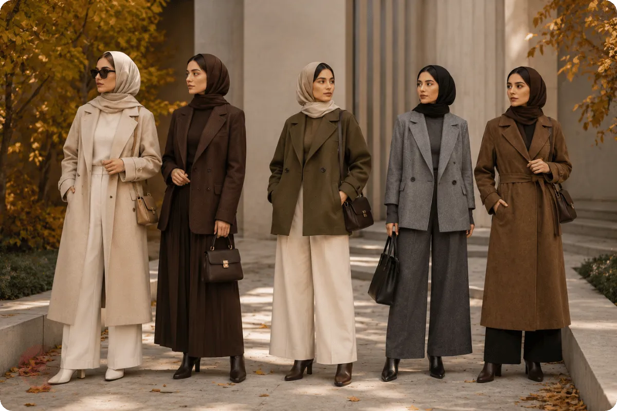 مدل مانتو و کت پاییز ۱۴۰۵؛ راهنمای پارچه، فرم، رنگ و ست ایرانی 1 استایل ایرانی با کت و مانتوهای خوشدوخت پاییزی در رنگهای خنثی و گرم