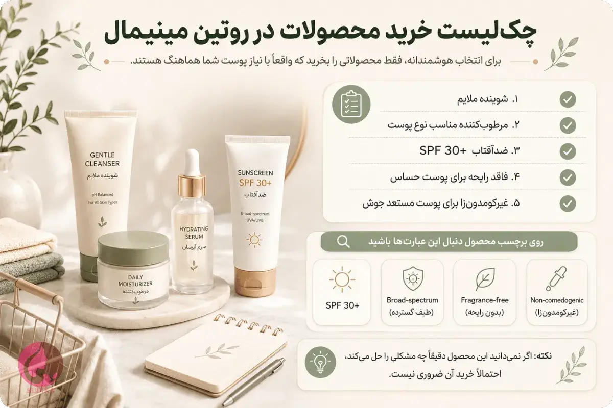 What Is Skinimalism? A Complete Guide to a Simple Skincare Routine 7 The shopping checklist for a minimal skincare routine includes a gentle cleanser, a suitable moisturizer, SPF 30 sunscreen, and non-comedogenic products