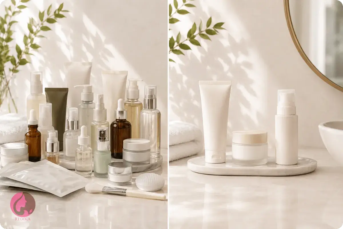 What Is Skinimalism? A Complete Guide to a Simple Skincare Routine 1 Comparing a busy skincare routine with a minimal skincare routine to show the difference between Skinimalism and a multi-step routine