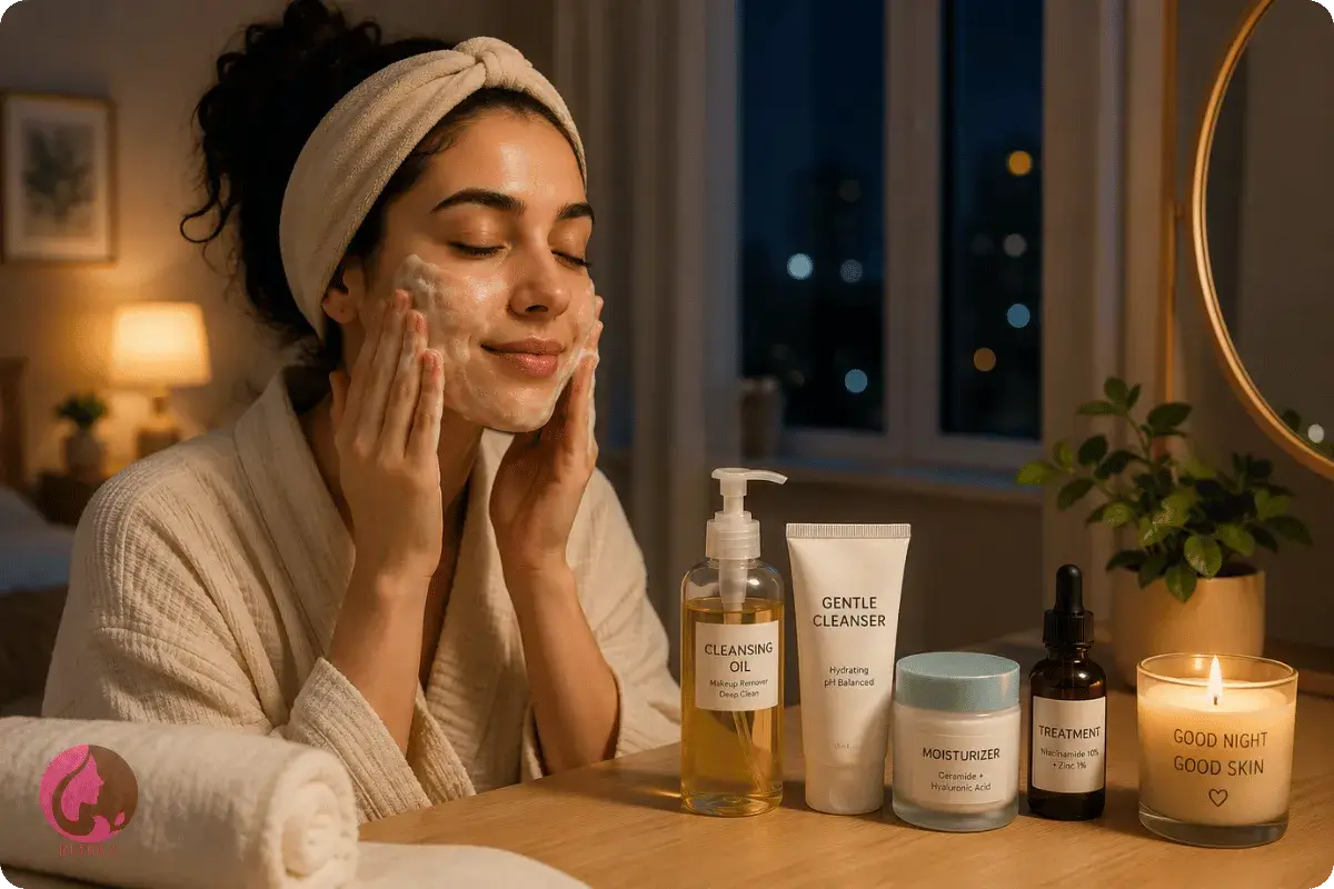 What Is Skinimalism? A Complete Guide to a Simple Skincare Routine 4 A minimalist nighttime skincare routine includes removing makeup and sunscreen, gentle cleansing, and applying a moisturizer and treatment product.