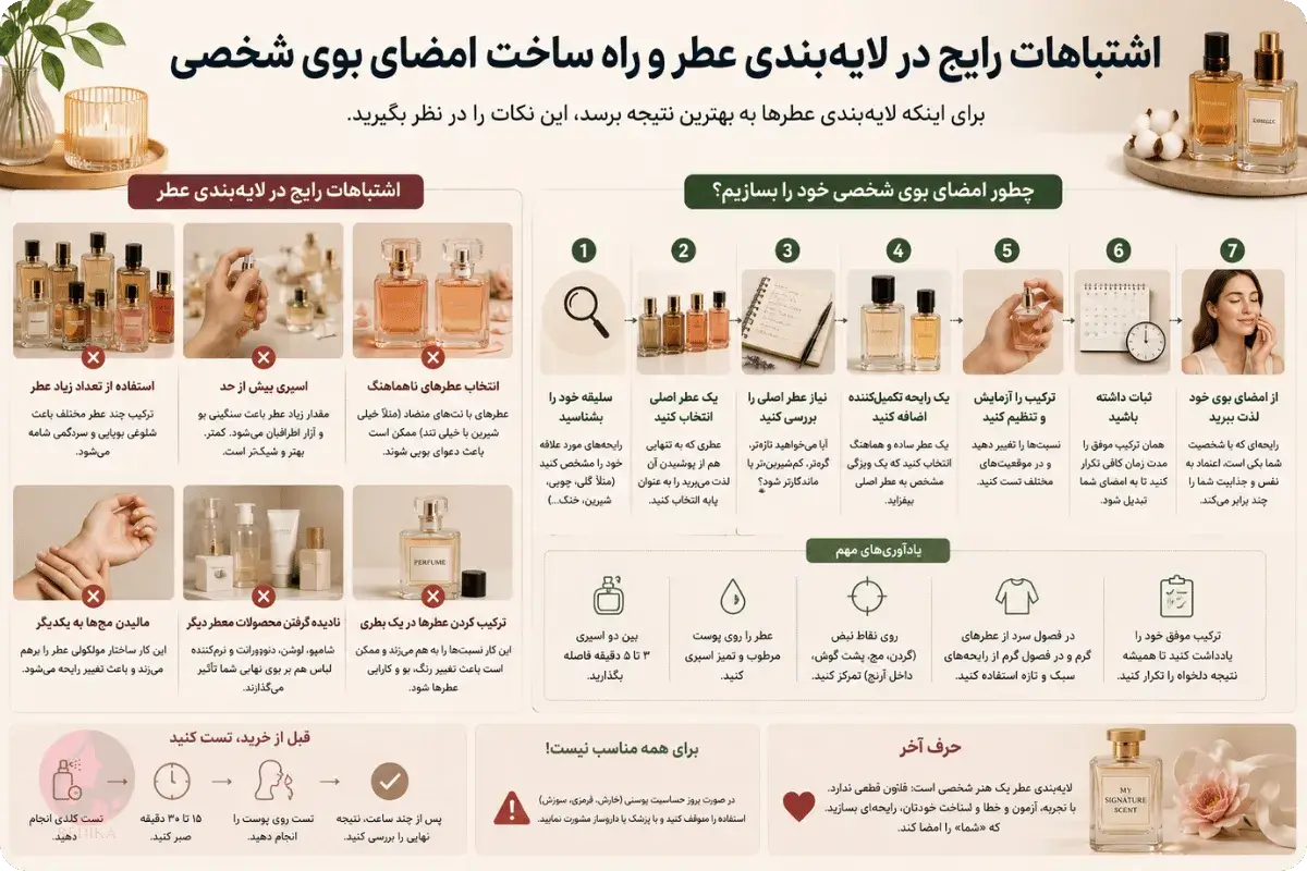 لایهبندی عطر مثل حرفهایها: ۹ ترکیب امن برای ساخت امضای بوی شخصی 7 اشتباهات رایج لایهبندی عطر و مراحل ساخت امضای بوی شخصی منحصربهفرد