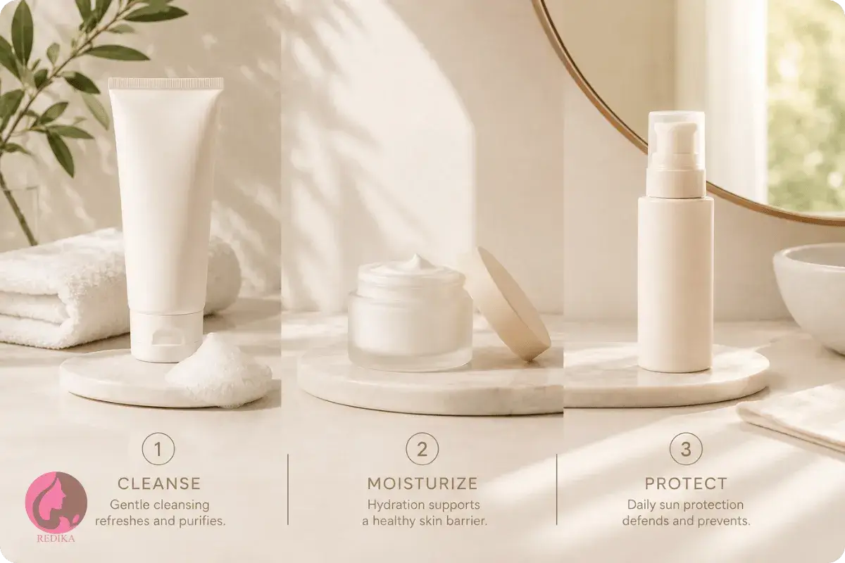 What Is Skinimalism? A Complete Guide to a Simple Skincare Routine 2 The three main steps of a minimal skin routine include cleansing, moisturizing, and protecting with sunscreen for daily skin care