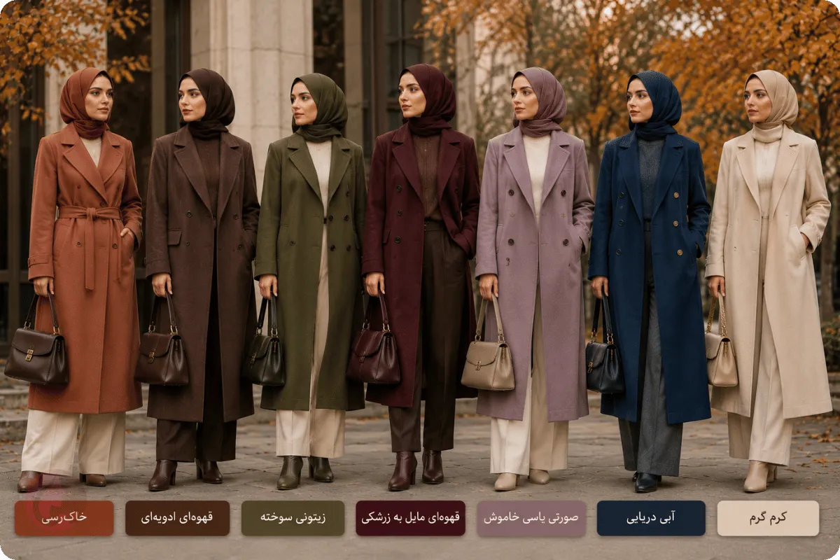 مدل مانتو و کت پاییز ۱۴۰۵؛ راهنمای پارچه، فرم، رنگ و ست ایرانی 6 رنگهای ترند مانتو پاییز ۱۴۰۵ شامل خاکرسی، قهوهای، زیتونی، زرشکی، یاسی و آبی دریایی