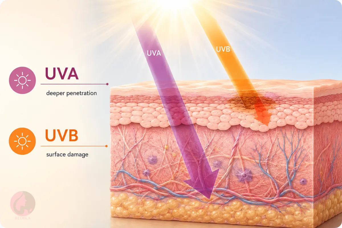 SPF 30 یا 50؟ تفاوت SPF، PA++++ و Broad Spectrum در انتخاب ضدآفتاب 2 تفاوت نفوذ اشعه UVA و UVB در لایههای پوست و اثر آنها بر پوست