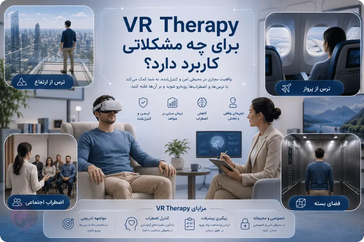 واقعیت مجازی درمانی (VR Therapy): گم کردن ترسها در دنیای شبیهسازیشده 3 کاربرد واقعیت مجازی درمانی برای ترس از ارتفاع، پرواز، فضای بسته و اضطراب اجتماعی