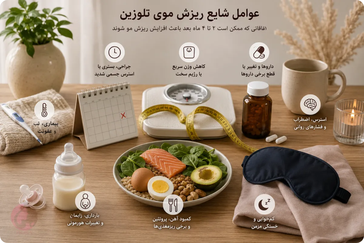عوامل شایع تلوژن افلوویوم مانند بیماری، کاهش وزن، استرس و کمبودهای تغذیه‌ای