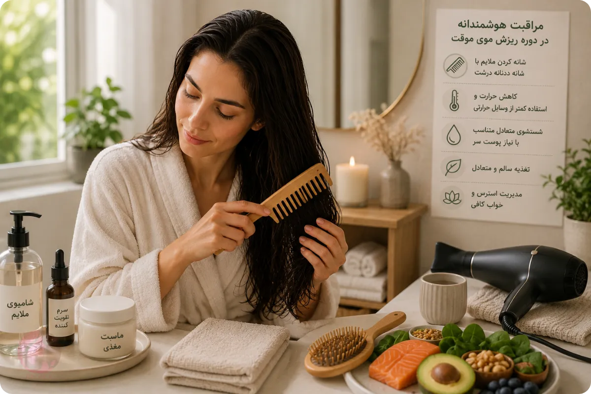 مراقبت صحیح از مو در دوره ریزش موقت با شانه ملایم، تغذیه مناسب و کاهش حرارت